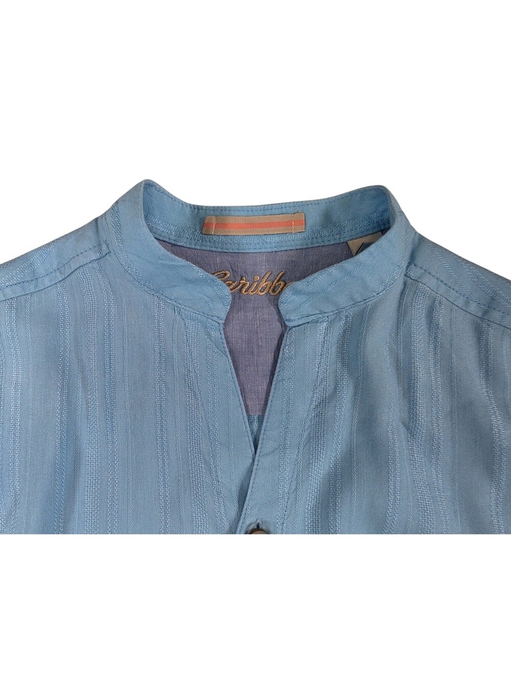 Caribbean Joe Resort Blue Linen Rayon Striped Mandarin Collar Shirt Men's Medium - Picture 4 of 13